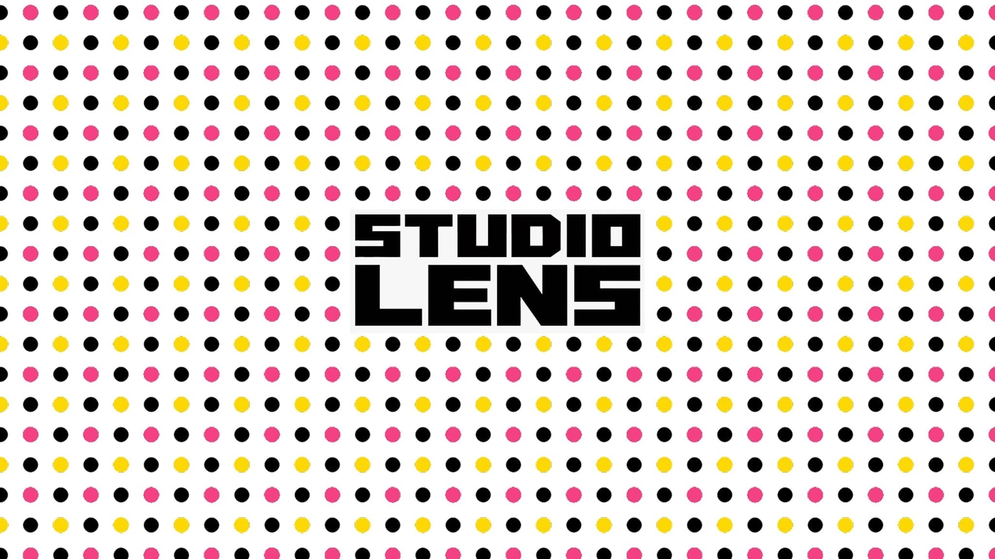 Studio Lens logo on a dotted pink, yellow, and black pattern background