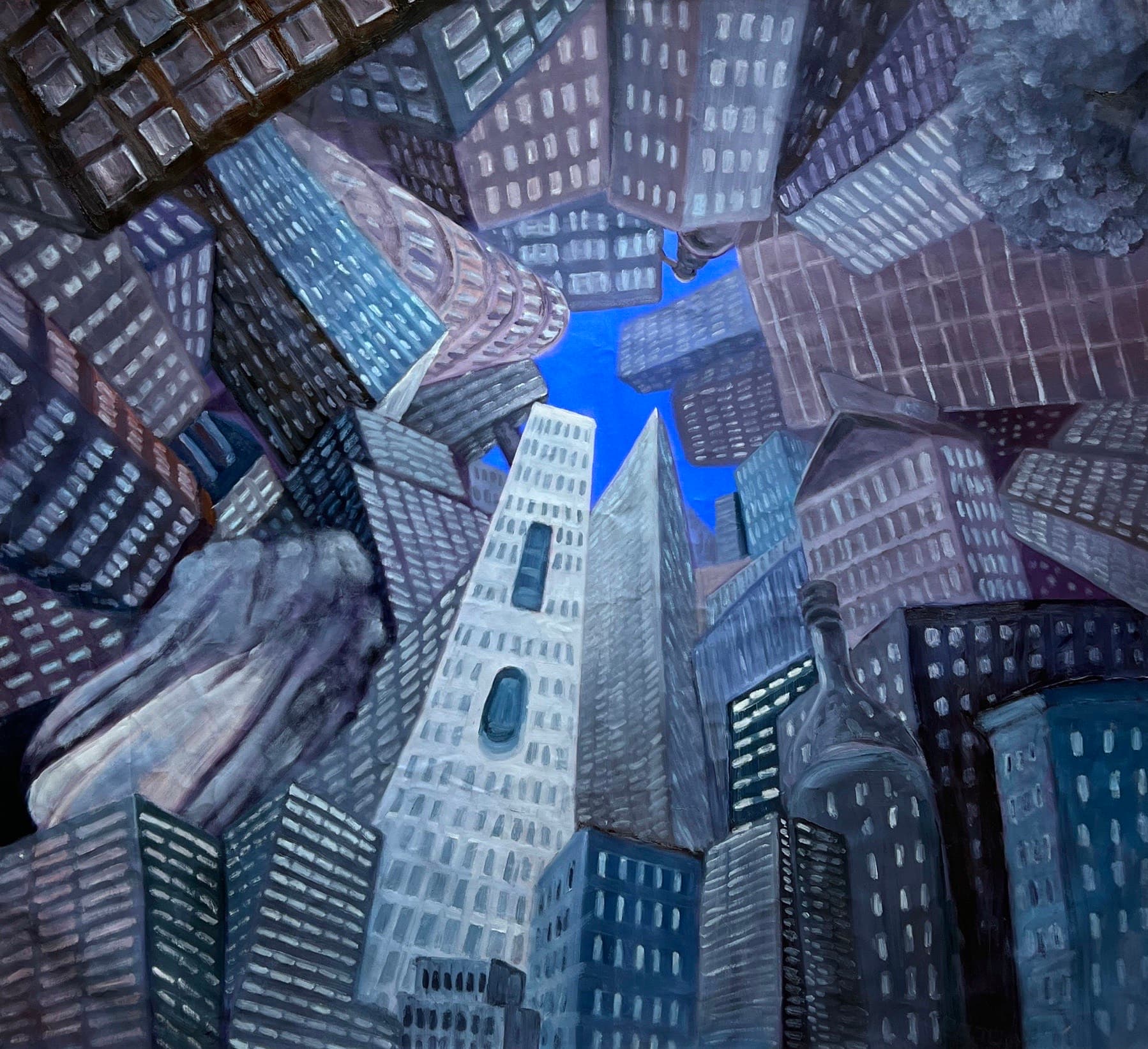 Sample artwork showing an expressive upward view of tall city buildings around a blue sky opening