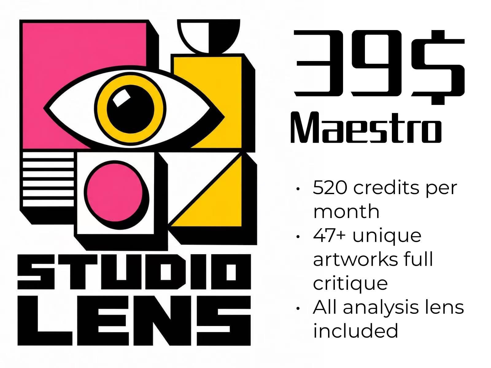 Studio Lens Maestro plan with 520 monthly credits and full critique for 47 plus unique artworks
