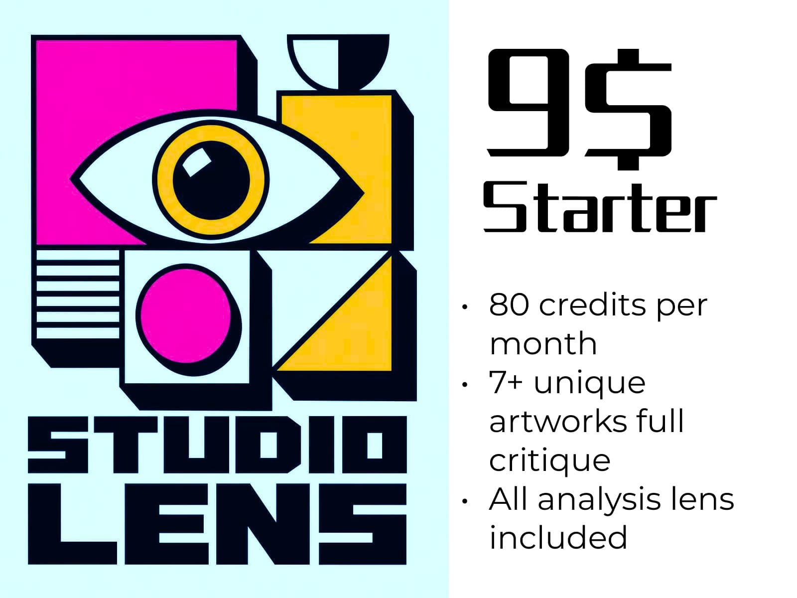 Studio Lens Starter plan with 80 monthly credits and full critique for 7 plus unique artworks