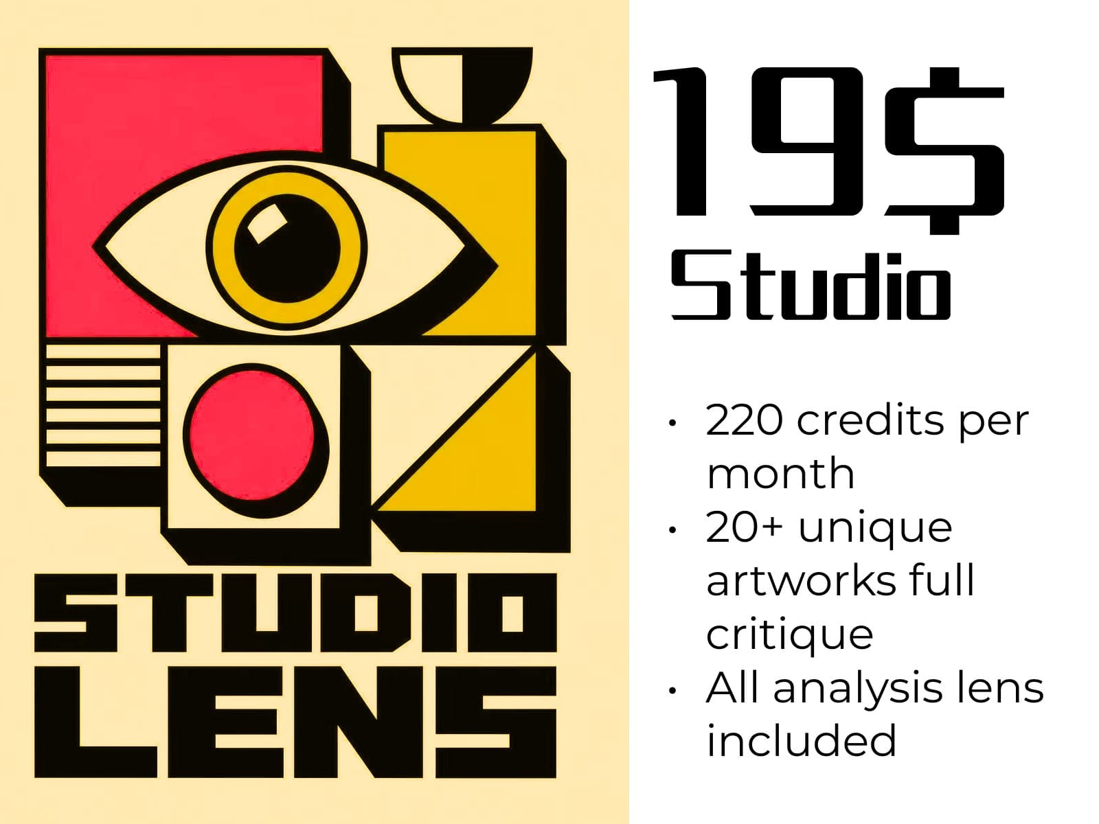 Studio Lens Studio plan with 220 monthly credits and full critique for 20 plus unique artworks
